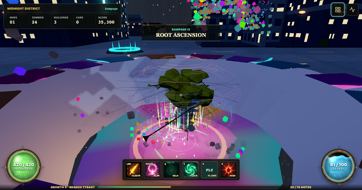 A colossal tree smashing a neon voxel city