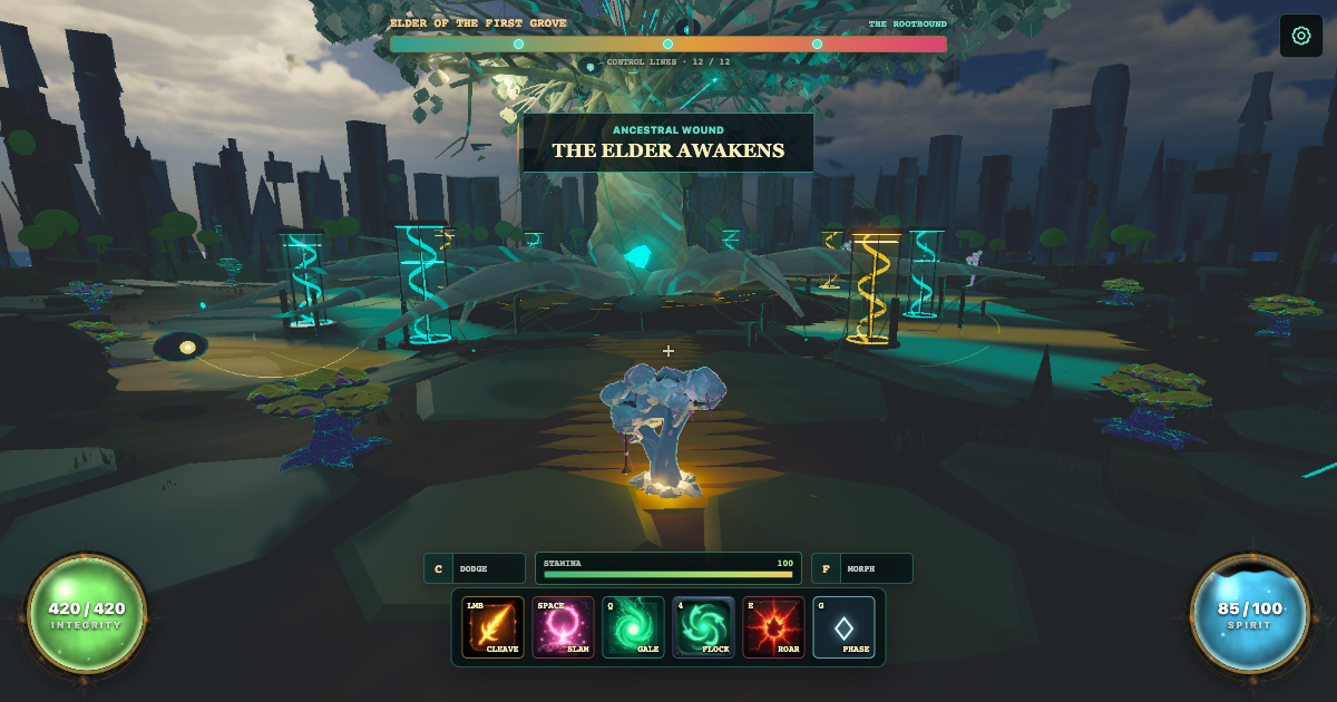 Rootwalker confronting the immense Elder of the First Grove