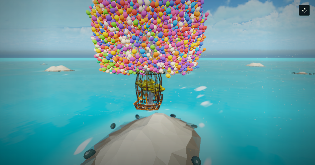Rootwalker lifted above a tropical ocean by thousands of balloons