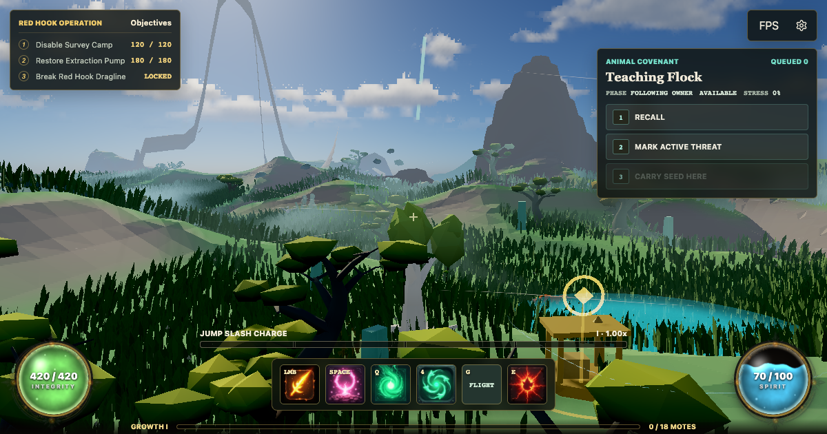 Rootwalker standing in a procedural green wilderness